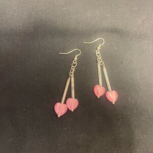 Pink Silver Dangle Earrings with Heart Charms